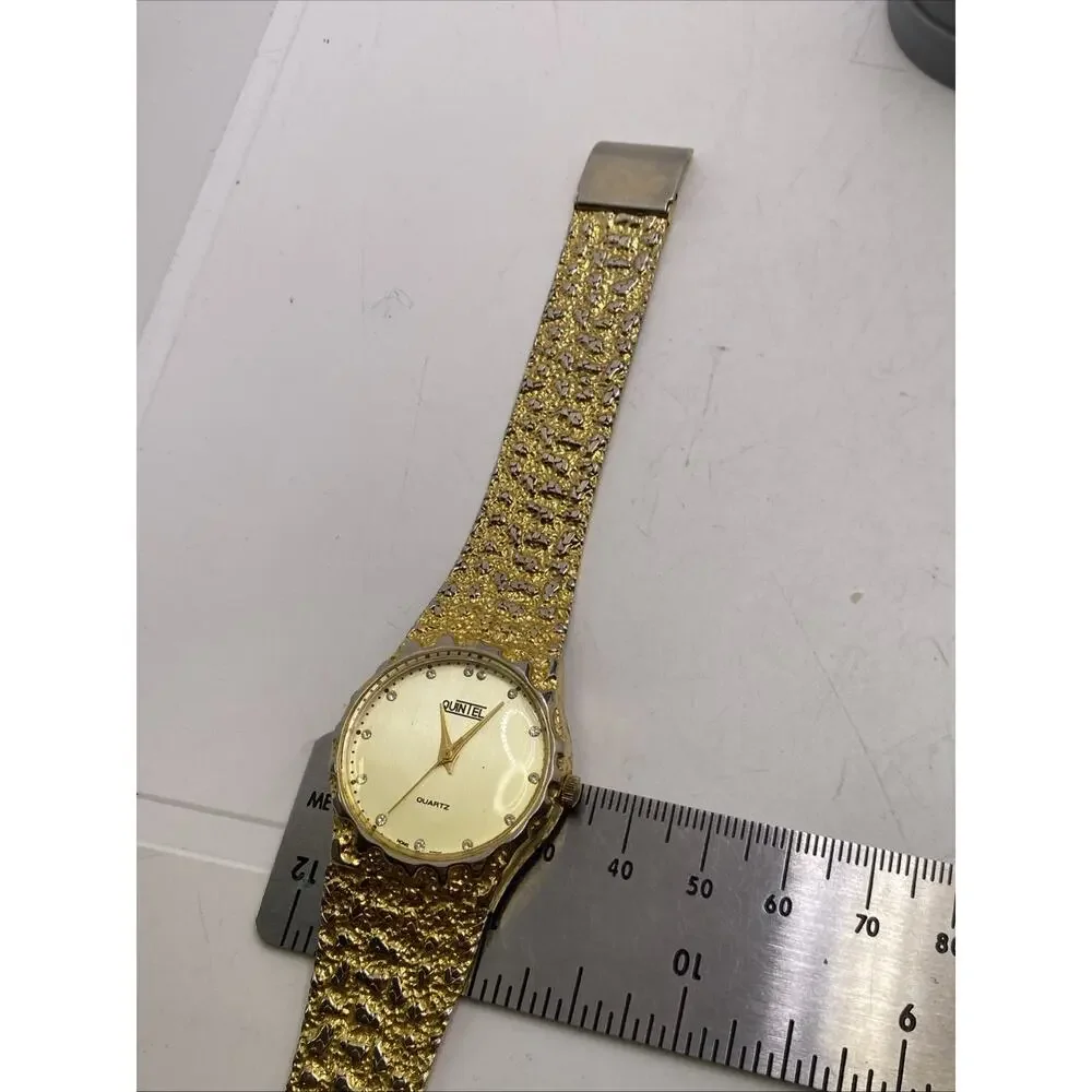 Quintel Mens Vintage Gold Nugget Style Watch Works New Battery